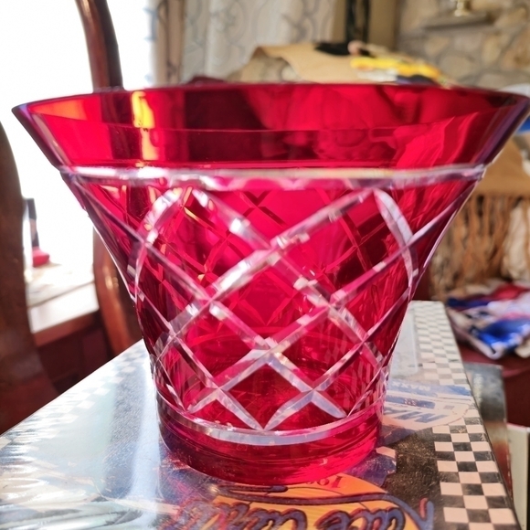 Bohemian Cut Crystal Basket/Vase- Red.         6" Tall x 7" Wide - Picture 2 of 5